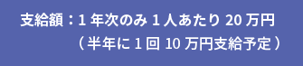 支給額:1年次のみ1人あたり20万円（半年に1回10万円支給）